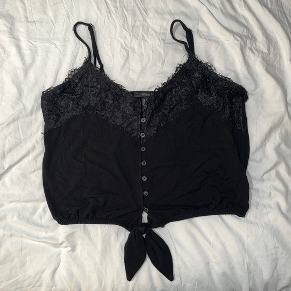 Forever 21 | Button Tie Front Spaghetti Strap V Neck Lace Crop Cami Tank Top - Picture 4 of 11